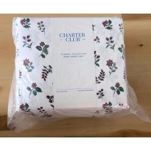 Charter Club Printed Flannel Cotton 4pc Holly King Sheet Set